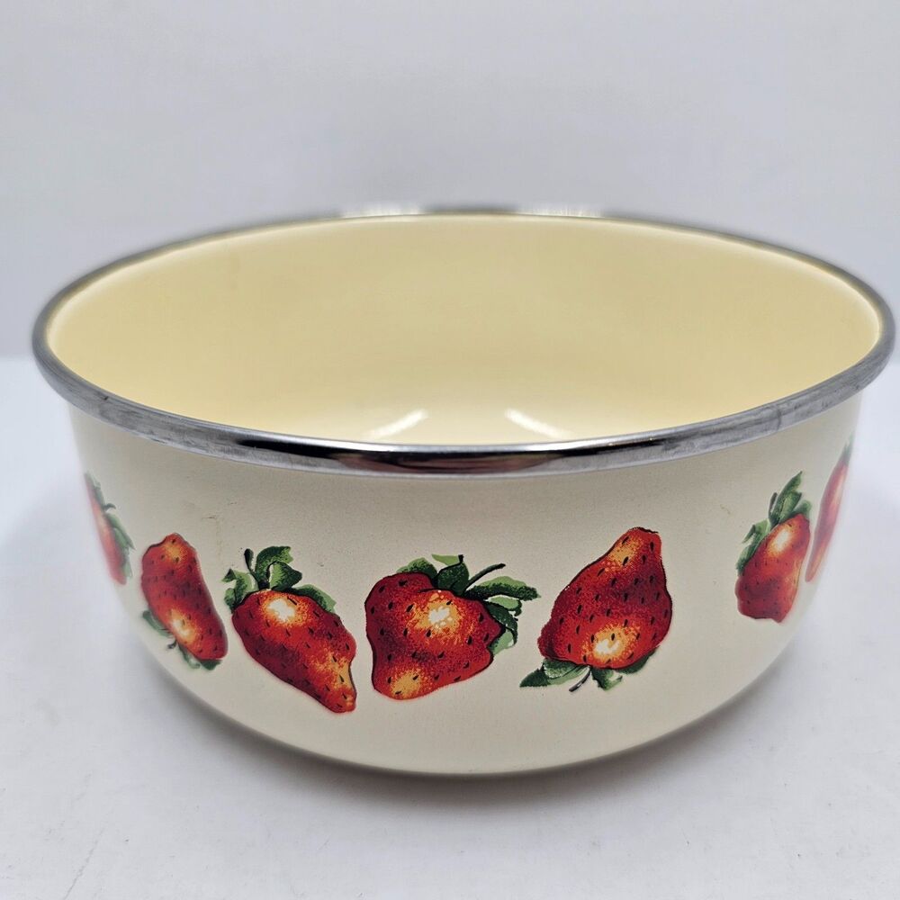 Vintage Kobe Enamelware Strawberry Mixing Bowl Cream Stainless Steel Rim